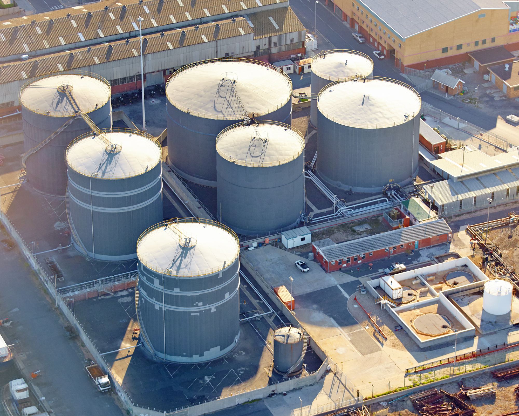 Aerial view of refined product storage silos